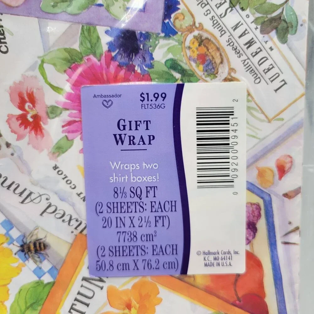 Garden Seed Packets Gift Wrap Paper Hallmark 8 1/3 Sq Ft Two Sheets